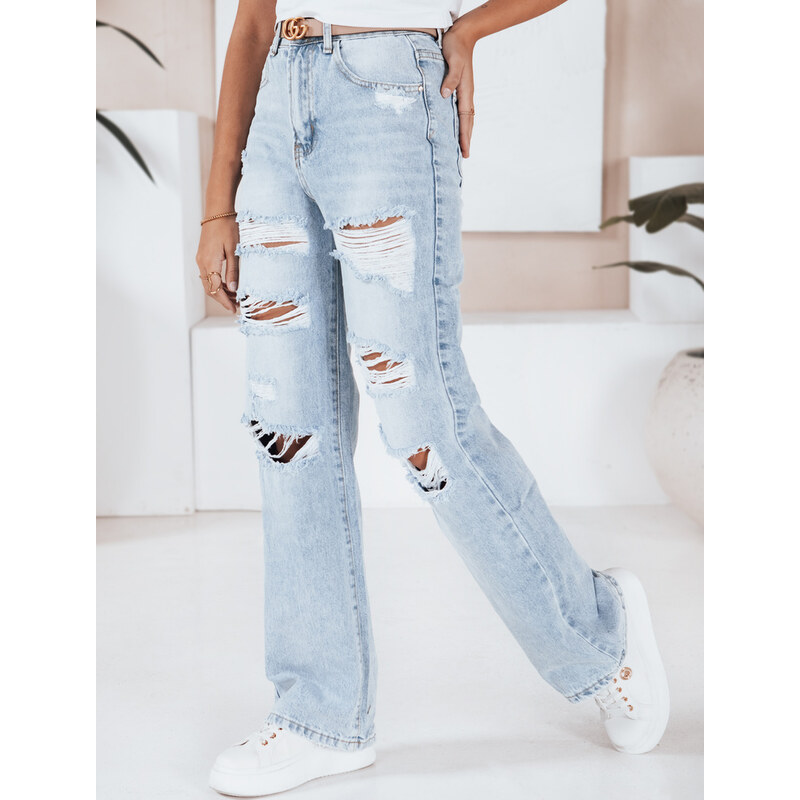 BASIC Světle modré dámské potrhané džíny s vysokým pasem Denim