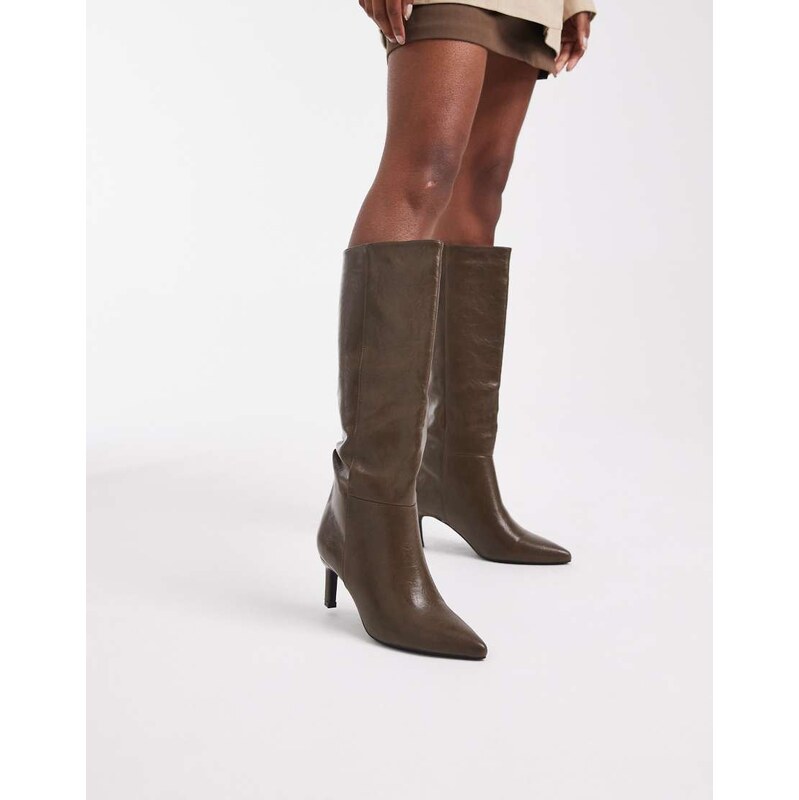SEQWL Benz knee high kitten heel boots in olive-Green 114791331