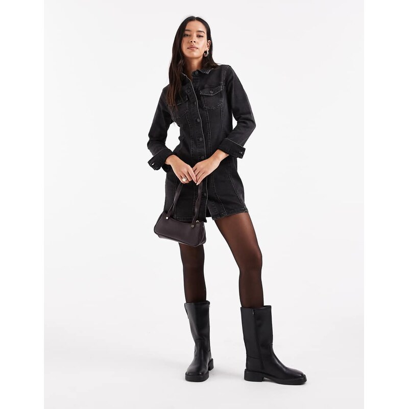 ASOS DESIGN denim long sleeve fitted shirt dress in black