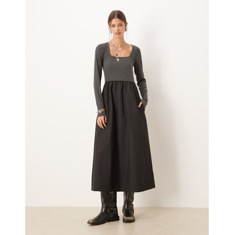 Threadbare long sleeve square neck midi dress with contrast black 115513953