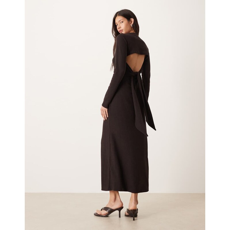 ASOS DESIGN tie back long sleeved rib maxi dress in chocolate