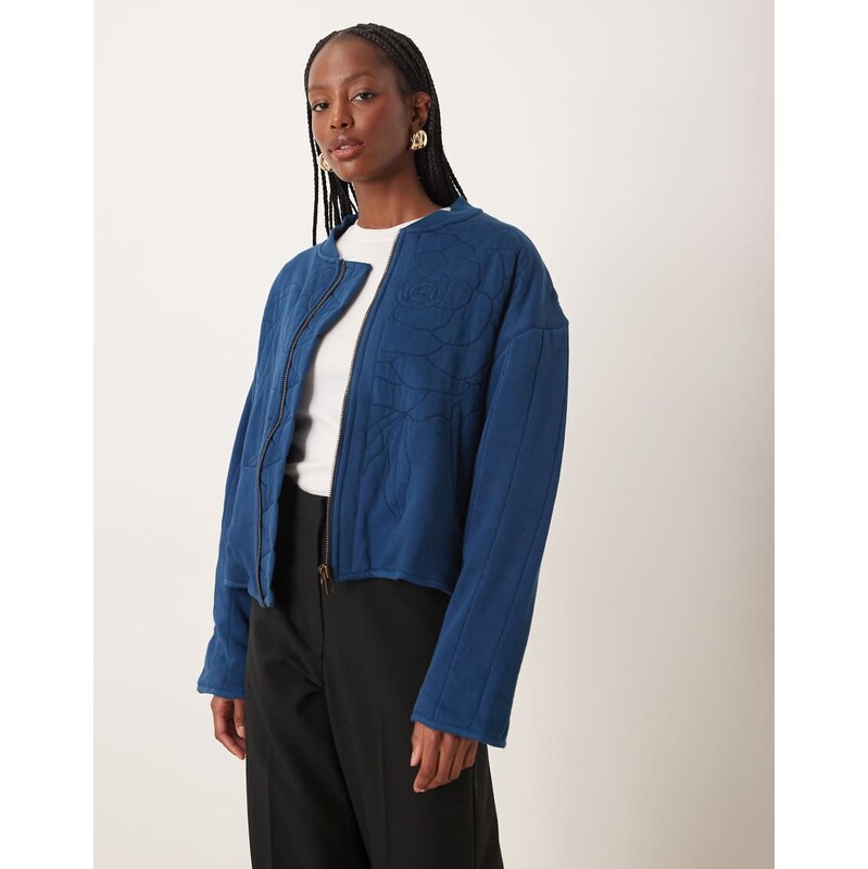 Free People rose quilted zip through jacket in indigo blue-Navy 109289364