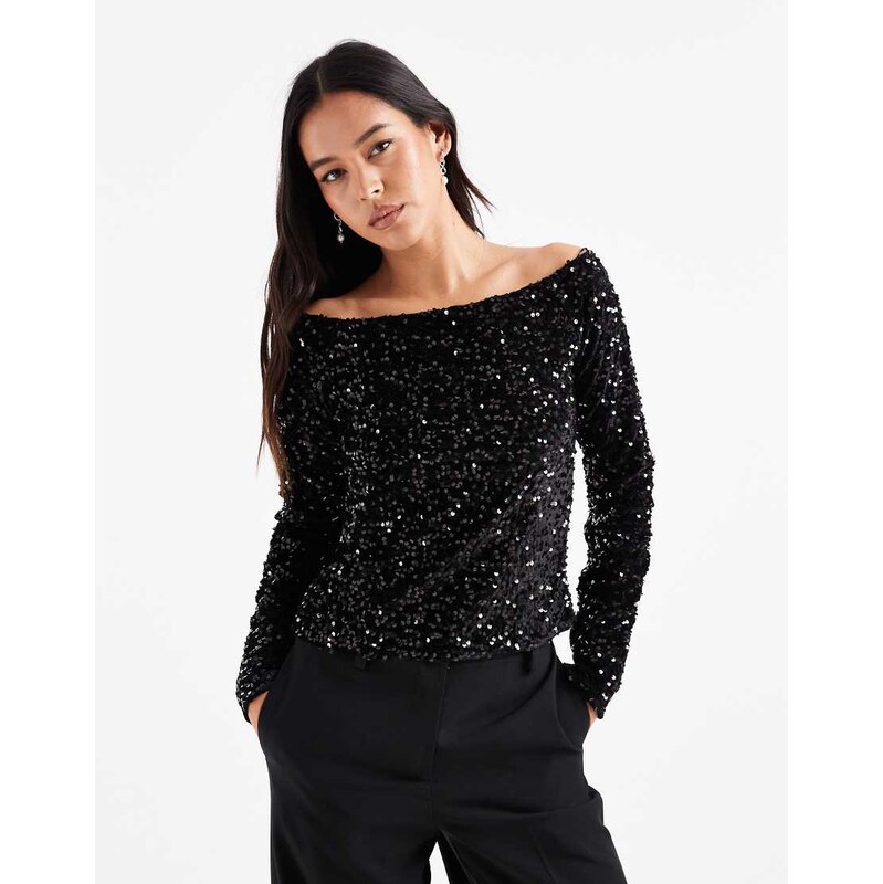 Pieces velvet and sequin off shoulder top in black 109289367