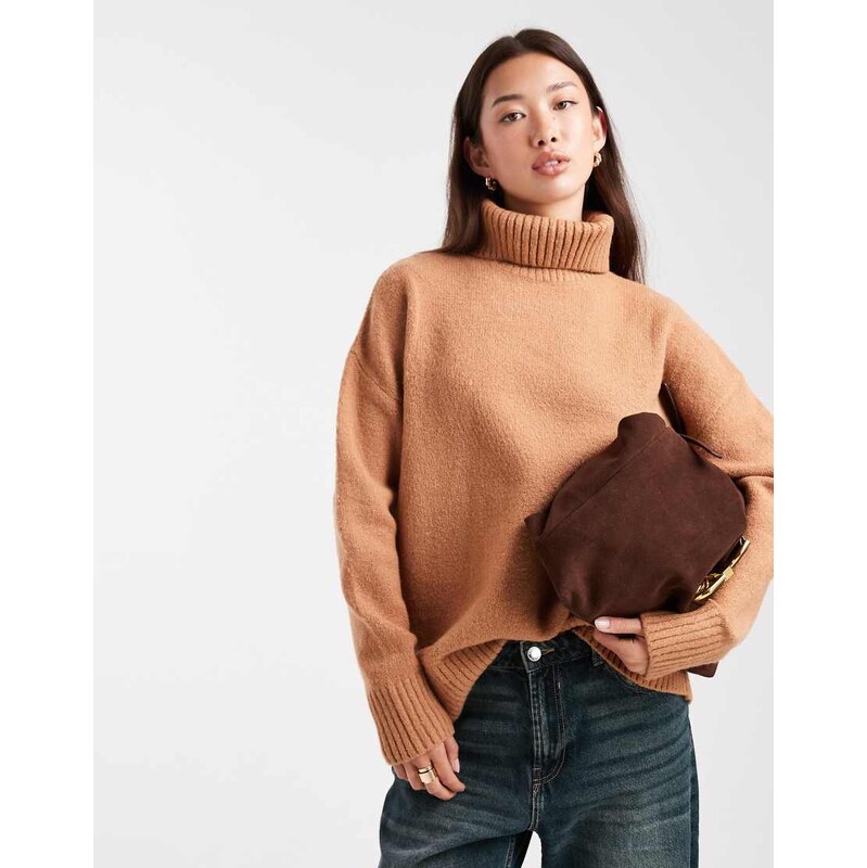 Miss Selfridge oversized roll neck split hem jumper in camel-Neutral 109289246