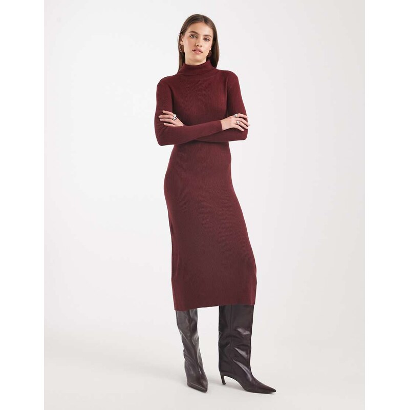 Brave Soul knitted turtle neck ribbed midi jumper dress in burgundy 109289250
