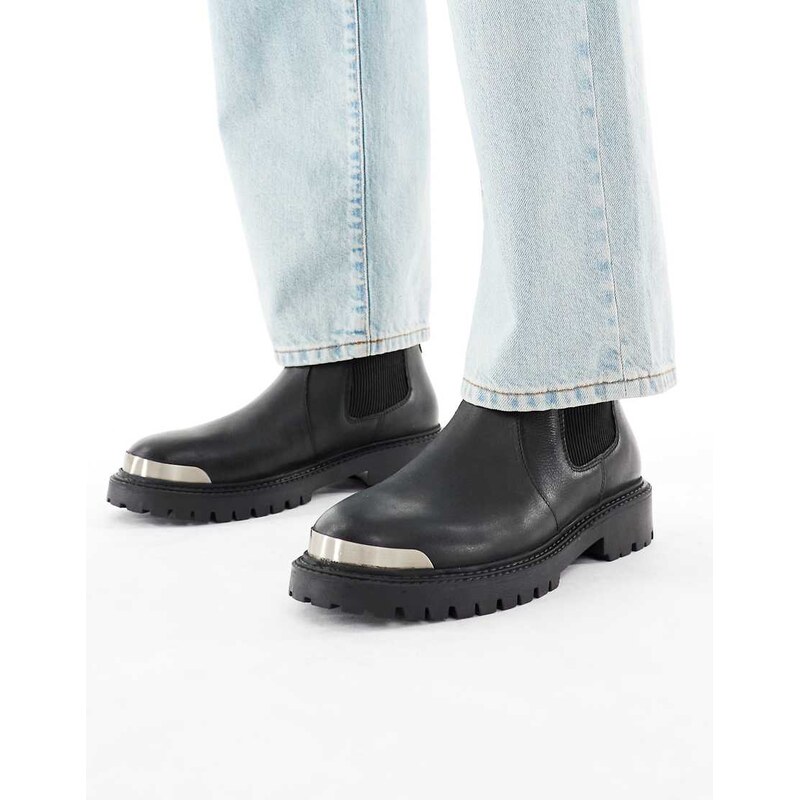ASOS DESIGN chelsea boots in black leather with metal toe cap