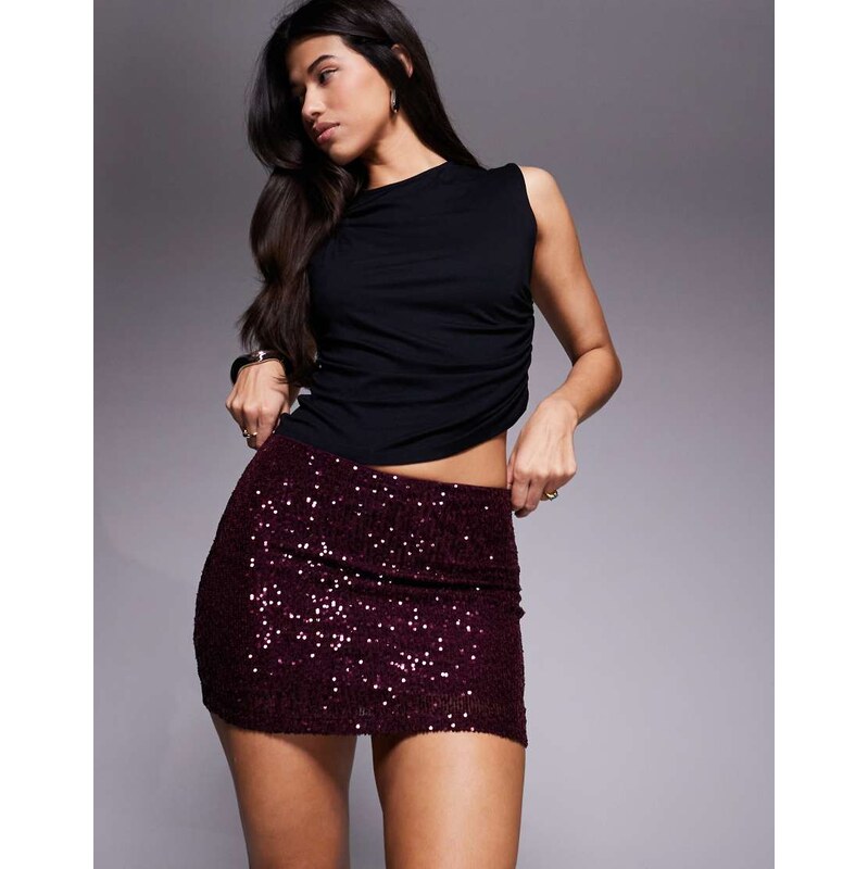 ASOS DESIGN allover sequin mini skirt in berry-Red