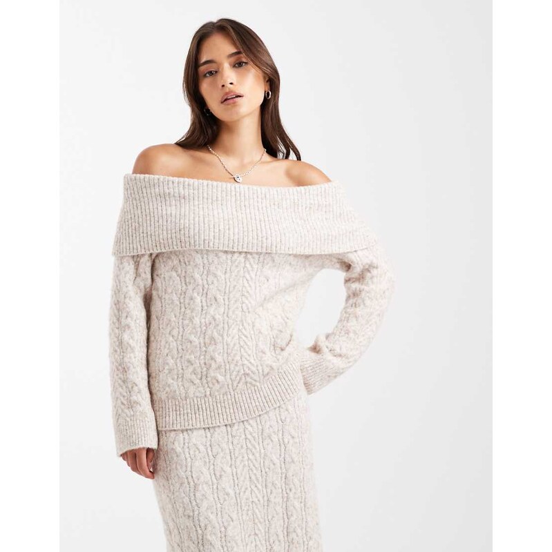 4th & Reckless wool feel deep bardot cable knit jumper co-ord in oat 109289358