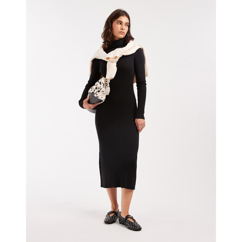 Brave Soul knitted turtle neck ribbed midi jumper dress in black 114379499