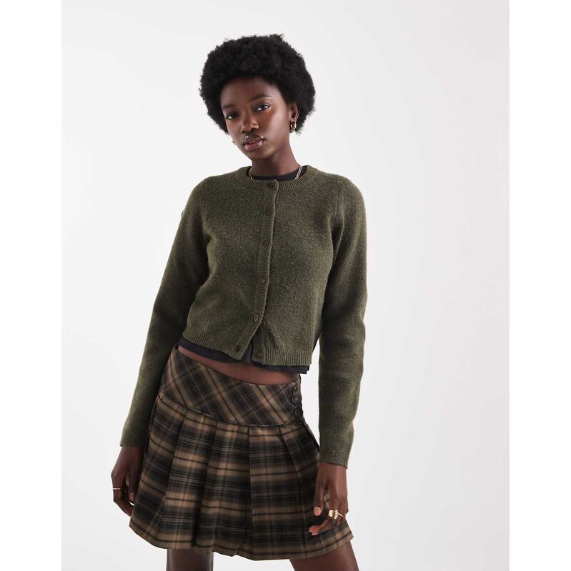 Brave Soul crew neck soft touch cardigan in khaki-Green