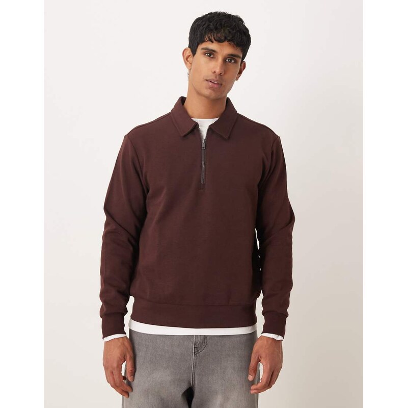 Mango cotton mix quarter zip top in burgundy-Red