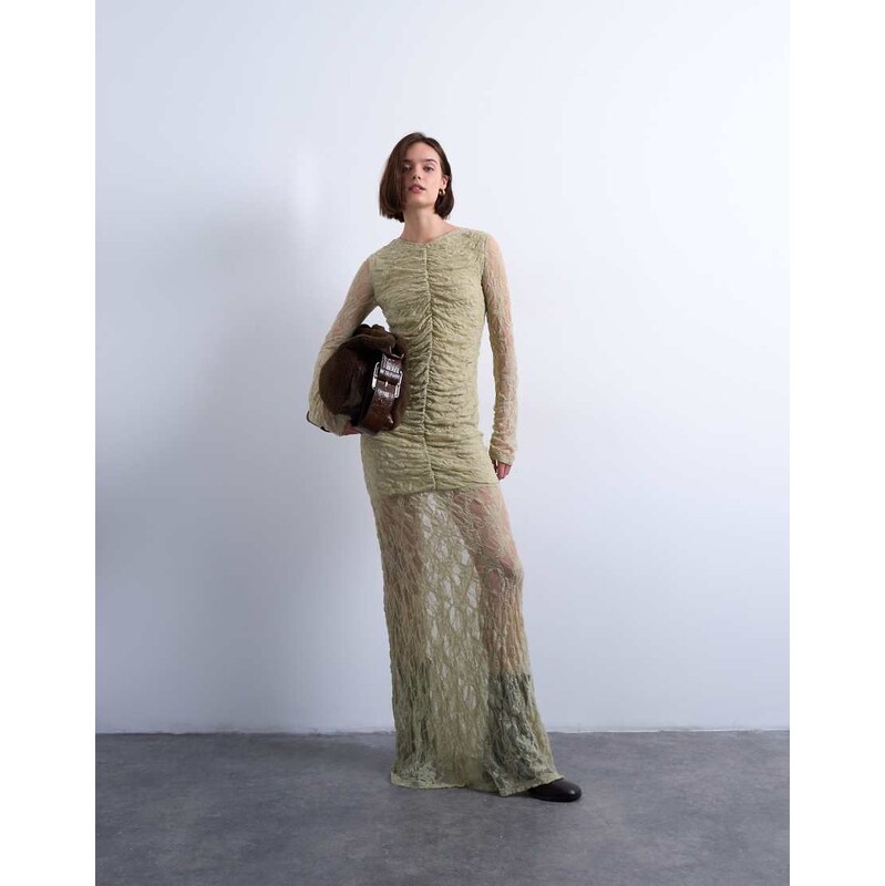 Topshop lace ruched front drop waist maxi dress in green