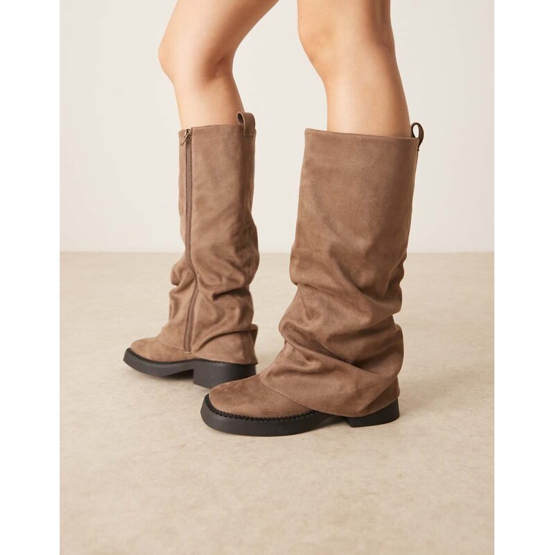 ASOS DESIGN Caden chunky fold over flat knee boot in beige suedette 109359414