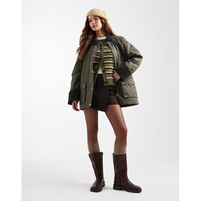 Vero Moda barn jacket with contrast cord trim in khaki-Green