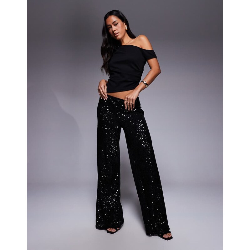 ASOS DESIGN allover sequin wide leg trouser in black