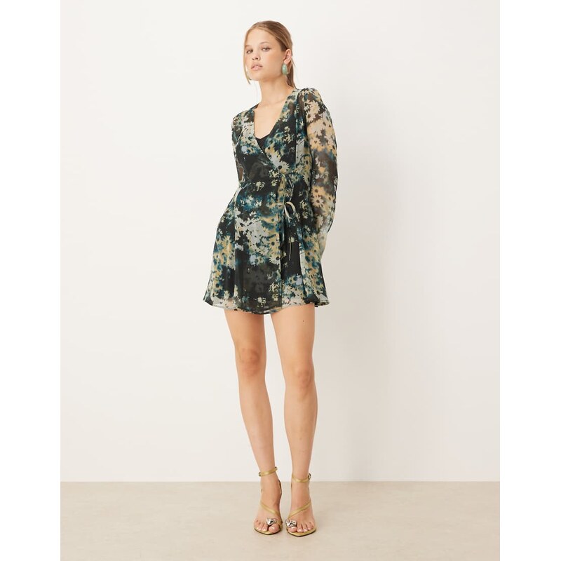 ASOS DESIGN wrap mini dress with ties in blurred blue floral-Multi