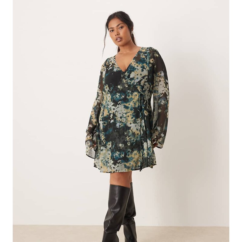 ASOS Curve ASOS DESIGN Curve wrap mini dress with ties in blurred blue 109464453
