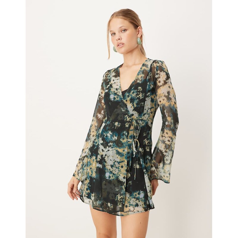 ASOS DESIGN wrap mini dress with ties in blurred blue floral-Multi