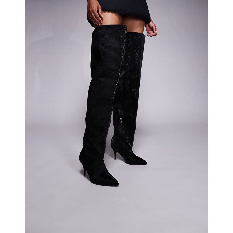 Azalea Wang Halina ruched over the knee boots in black snake print 110980158