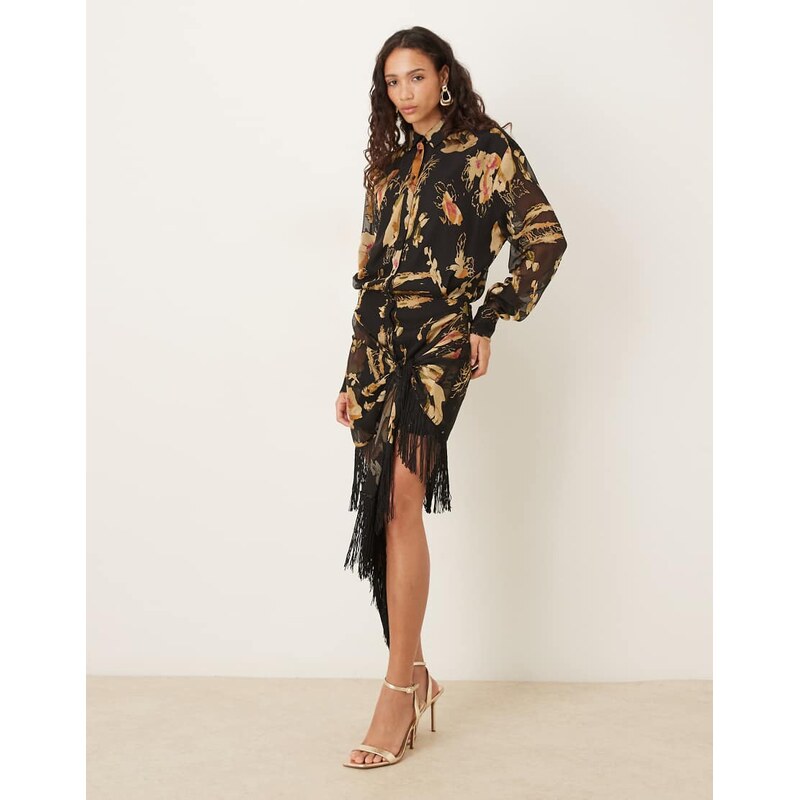 ASOS DESIGN mini shirt dress with fringe skirt in black floral