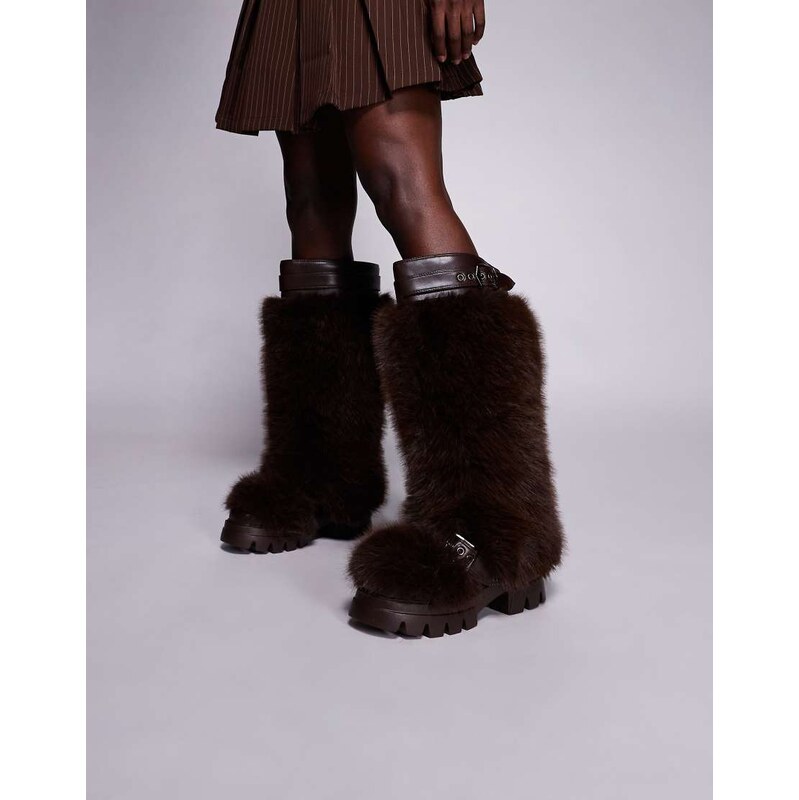Azalea Wang Tomlee fluffy chunky knee high boots in chocolate-Brown 109823537