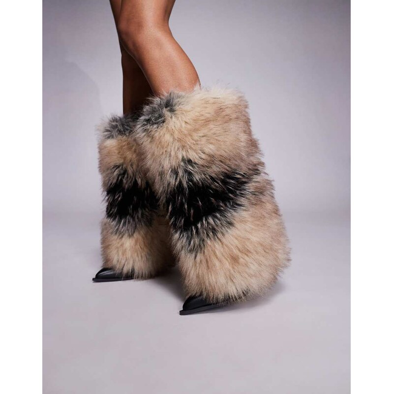 Azalea Wang Ekko faux fur heeled knee boots in brown and cream-Multi 111338028