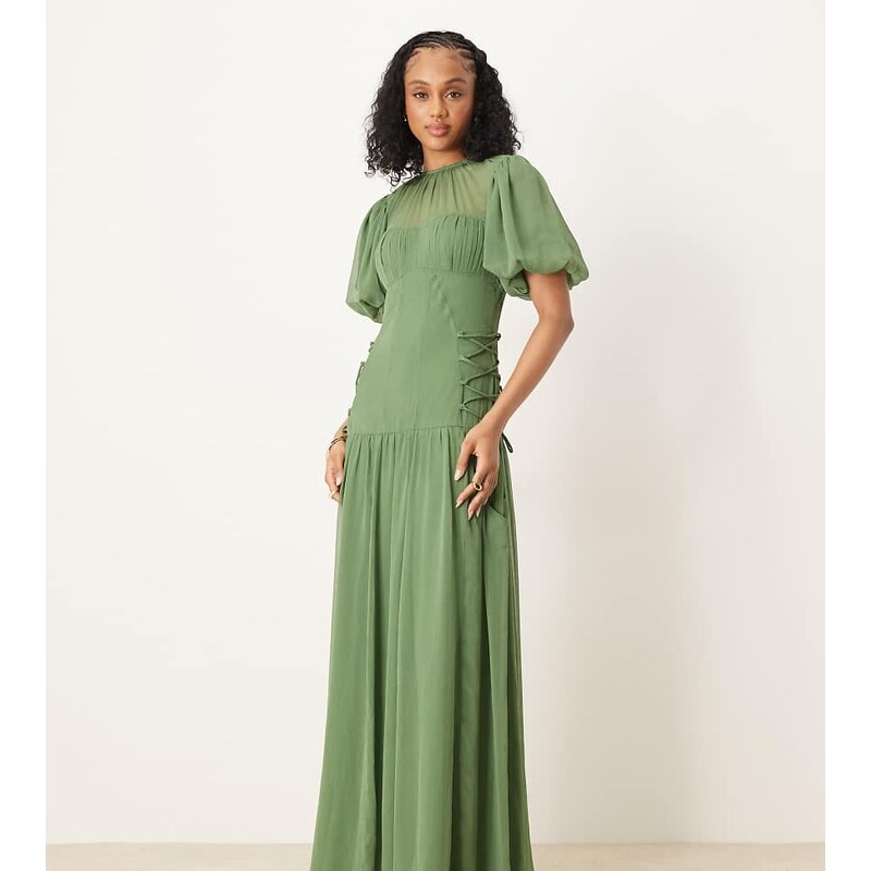 ASOS Tall ASOS DESIGN Tall puff sleeve chiffon midaxi dress in green 109338902
