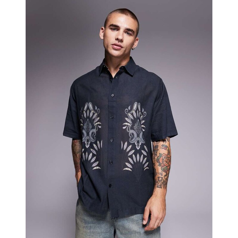 ASOS DESIGN relaxed shirt with linen with placement print in