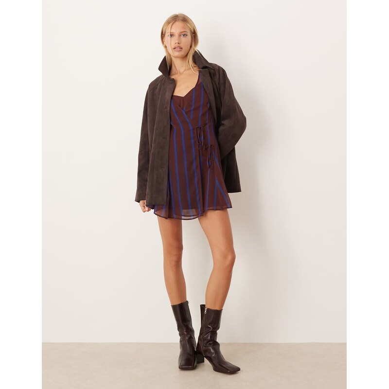 ASOS DESIGN wrap mini dress with ties in burgundy stripe-Multi
