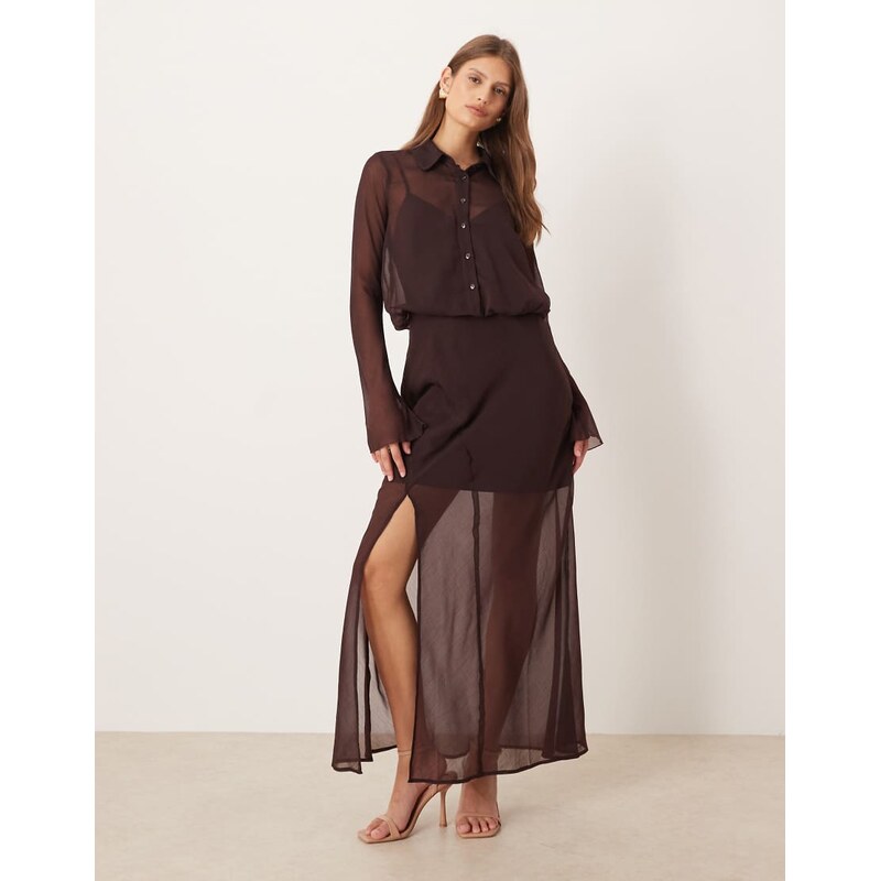 ASOS DESIGN sheer midi shirt dress in chocolate-Red