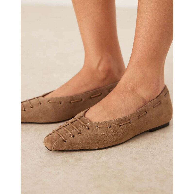 ASOS DESIGN Lachlan eyelet detail chisel toe ballets in sand suedette 109541659