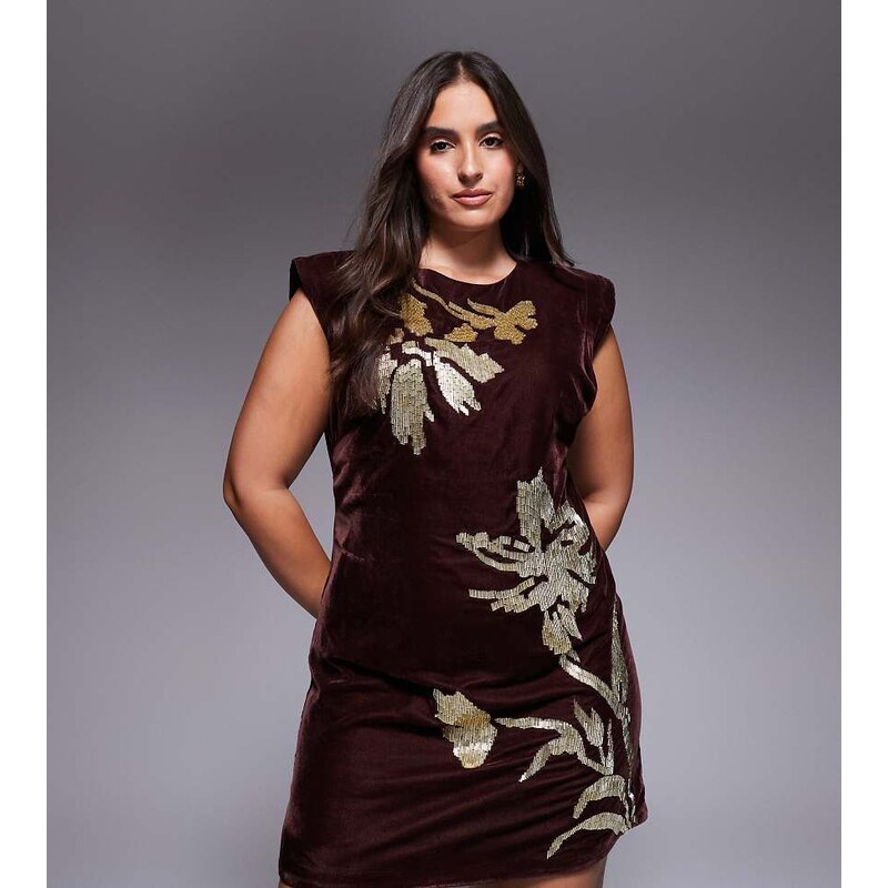 ASOS Curve ASOS DESIGN Curve velvet shoulder pad mini dress with 109364867