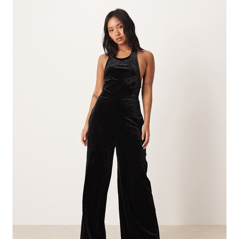 Nobodys Child Petite velvet halter neck jumpsuit in black