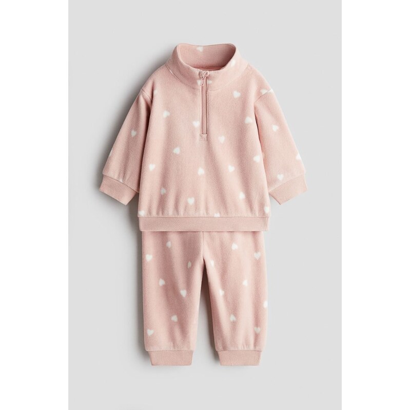 H&M - Dvoudílná flísová souprava - Světle Růžová/Srdíčka