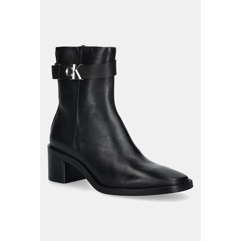 Kožené kotníkové boty Calvin Klein BLOCK HEEL BOOT W/ METAL LOGO 109340365