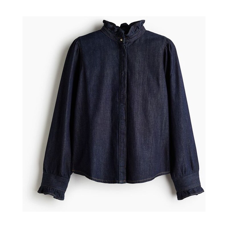 H&M - Džínová halenkas volánkovými lemy - modrá 109323697