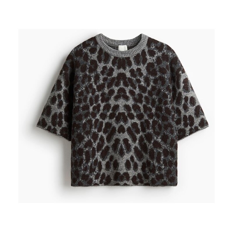 H&M - Boxy svetr z žakárového úpletu - Šedá/Leopardí Potisk