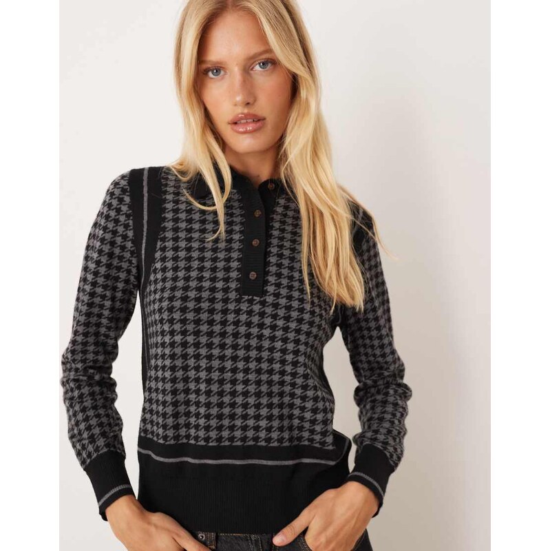 GANT houndstooth jacquard knit polo in black