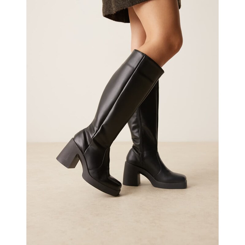 ASOS DESIGN Coraline square toe heeled knee boots in black pu