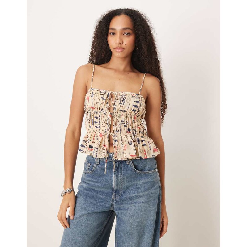 Abercrombie & Fitch puff sleeve tie front top in cream print
