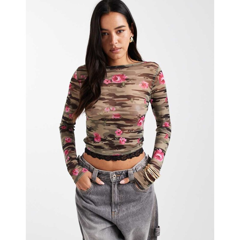 COLLUSION camo rose print long sleeve top-Multi 109330755