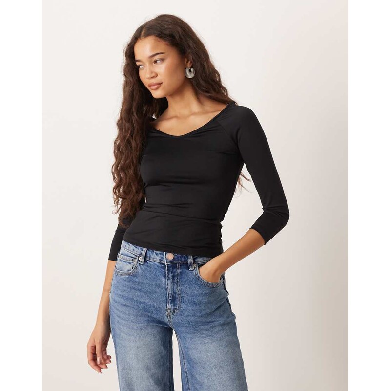 Mango v neck off shoulder long sleeve top in black 115685882