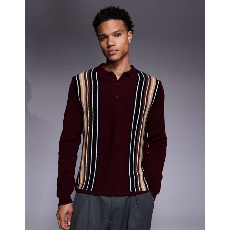 ASOS DESIGN knitted long sleeve stripe polo in burgundy-Red
