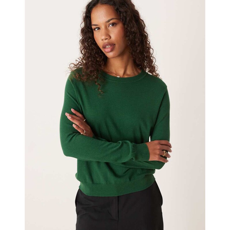 Mango round neck fine knitted top in dark green 109330821
