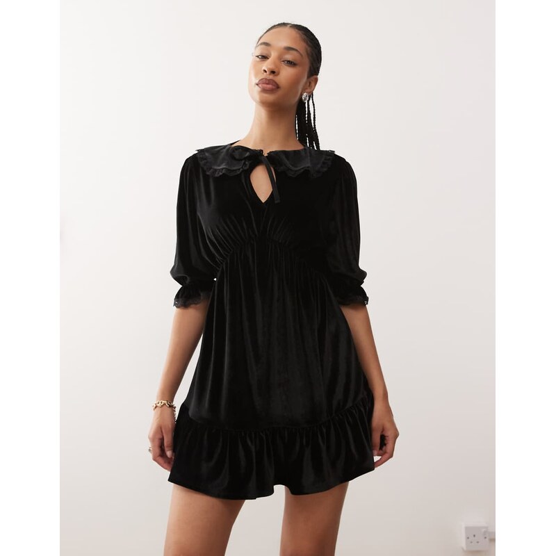 Reclaimed Vintage velvet collared mini dress with lace inserts in 109241161