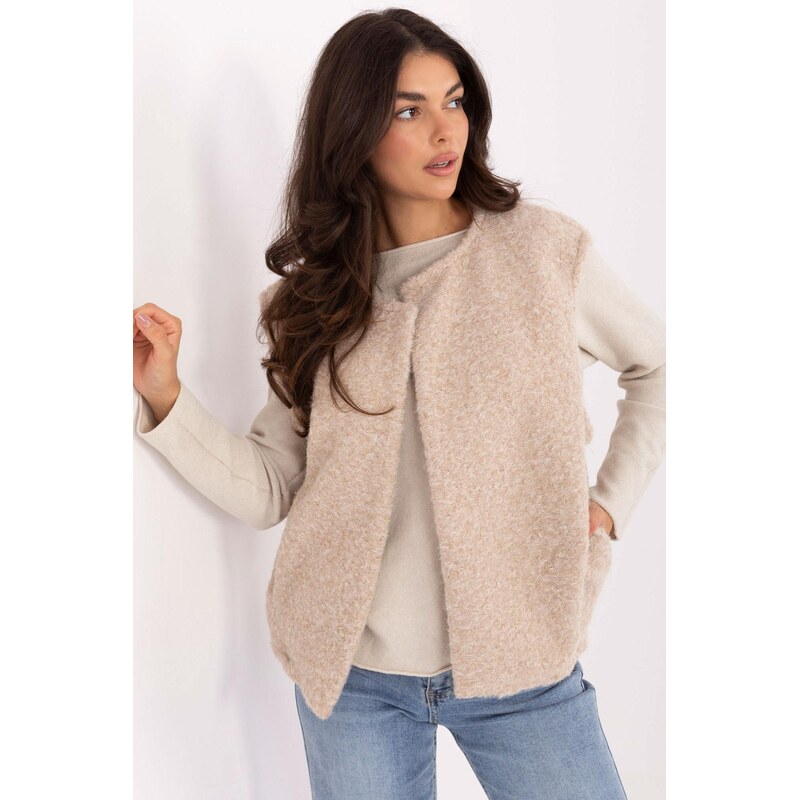 MladaModa Boucle vesta s kapsami model 62229 světle béžová