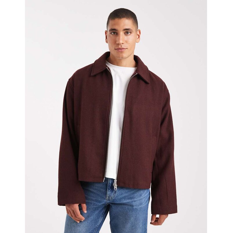 ASOS DESIGN harrington jacket in wool look in burgundy-Red