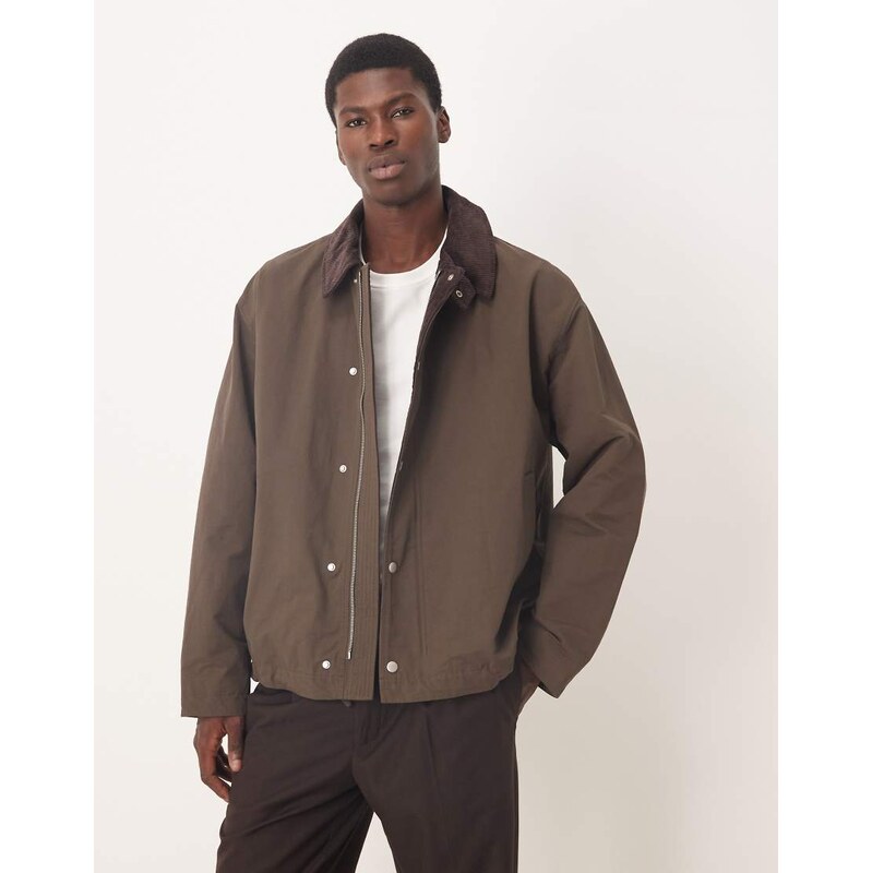 ASOS DESIGN harrington jacket with cord collar in brown