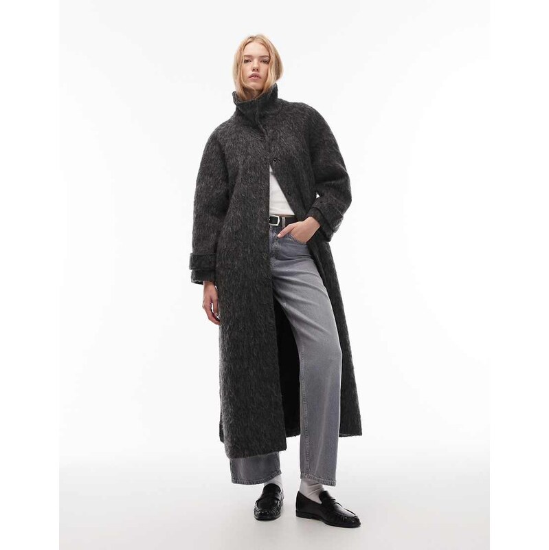 COLLUSION brushed marl longline belted overcoat-Grey