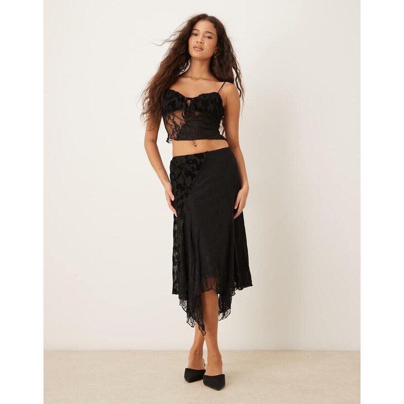 Kiss The Sky spliced laced midaxi co-ord skirt in black 109333014